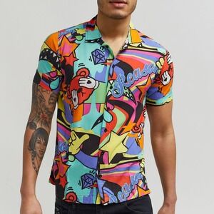 Reason Clothing Mens XL Graphic Print Short Sleeve Button Up Shirt Multi Color